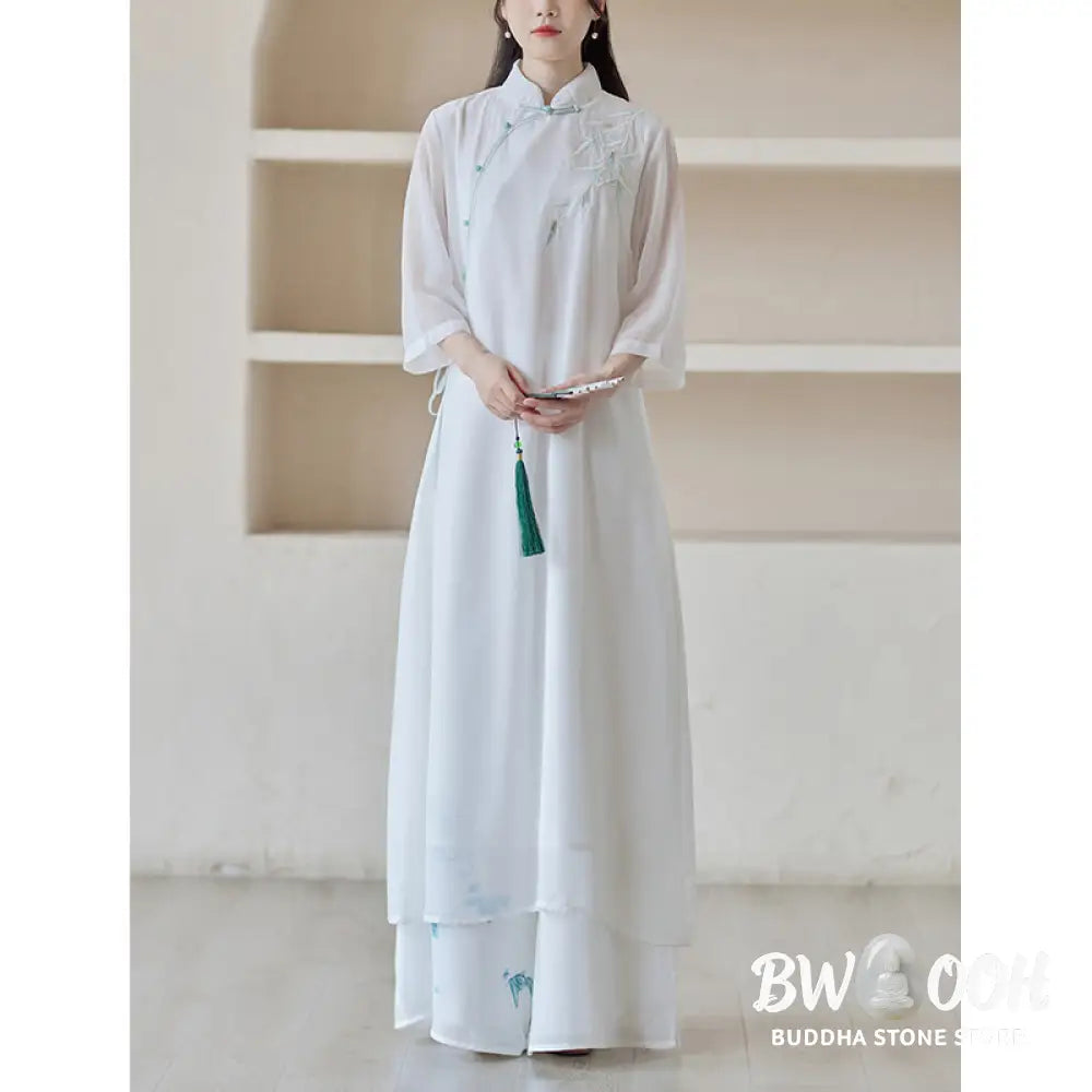 Buddha Stones Bamboo Cheongsam Dress Midi Dress Wide Leg Pants Meditation Spiritual Zen Practice Clothing - Women’s