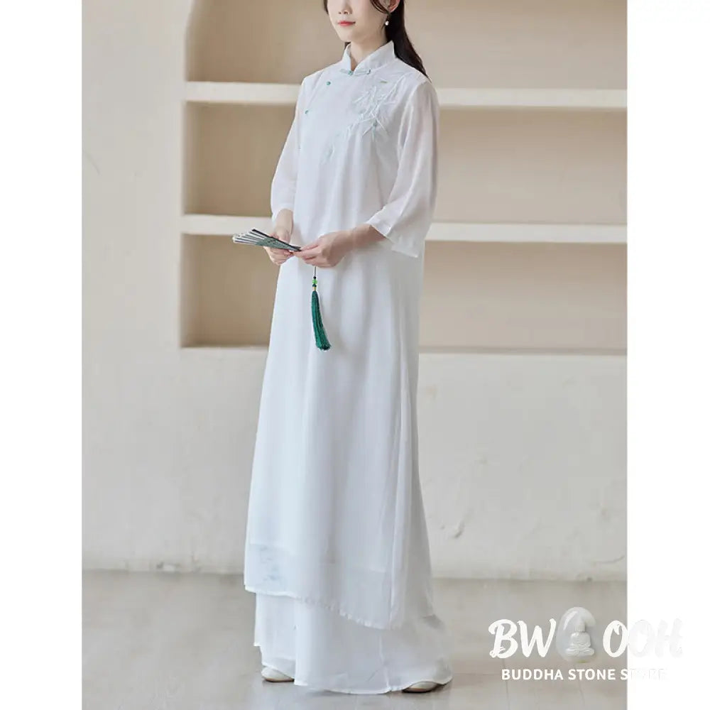 Buddha Stones Bamboo Cheongsam Dress Midi Dress Wide Leg Pants Meditation Spiritual Zen Practice Clothing - Women’s