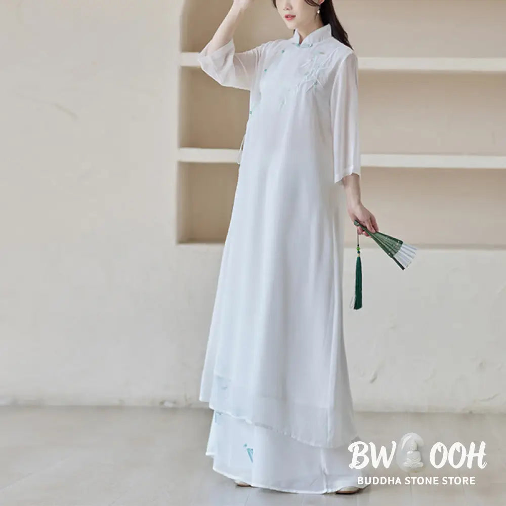 Buddha Stones Bamboo Cheongsam Dress Midi Dress Wide Leg Pants Meditation Spiritual Zen Practice Clothing - Women’s