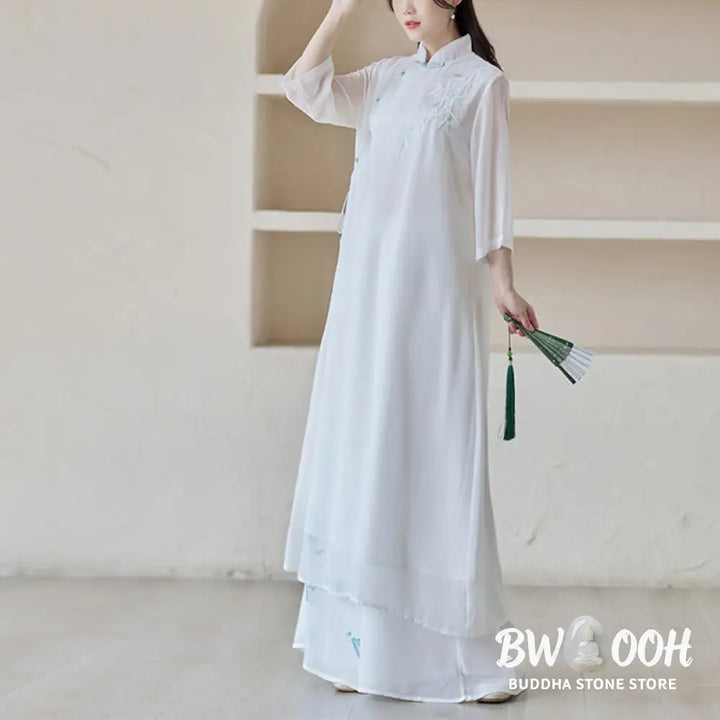 Buddha Stones Bamboo Cheongsam Dress Midi Dress Wide Leg Pants Meditation Spiritual Zen Practice Clothing - Women’s