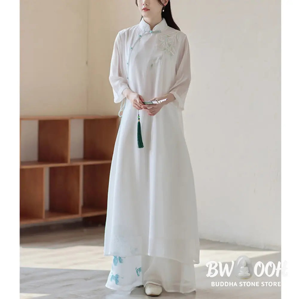 Buddha Stones Bamboo Cheongsam Dress Midi Dress Wide Leg Pants Meditation Spiritual Zen Practice Clothing - Women’s