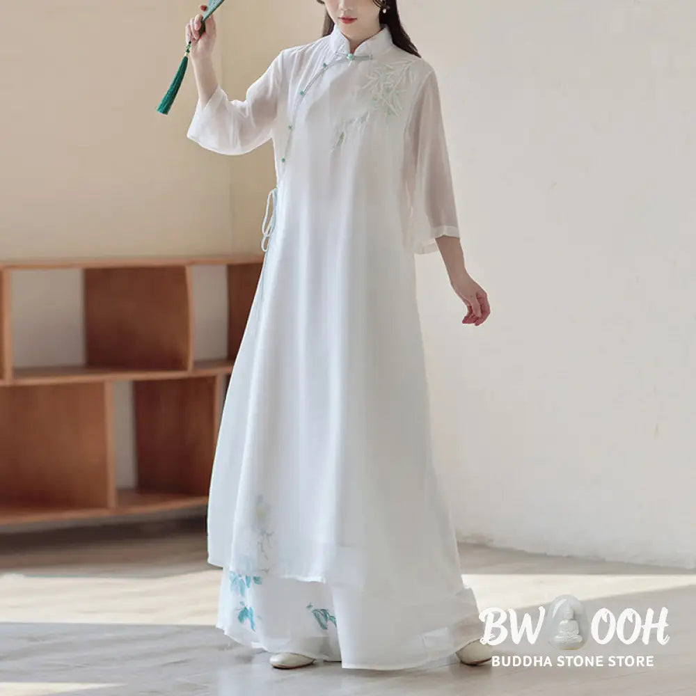 Buddha Stones Bamboo Cheongsam Dress Midi Dress Wide Leg Pants Meditation Spiritual Zen Practice Clothing - Women’s