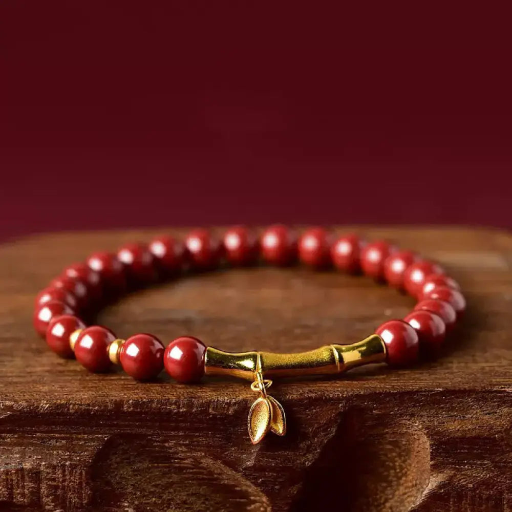 Buddha Stones Bamboo Cinnabar 925 Sterling Silver Concentration Bracelet - Red Cinnabar(Wrist Circumference: 14-15 cm)