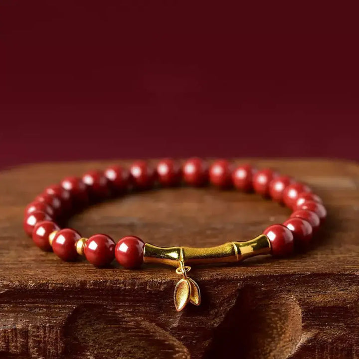 Buddha Stones Bamboo Cinnabar 925 Sterling Silver Concentration Bracelet - Red Cinnabar(Wrist Circumference: 14-15 cm)