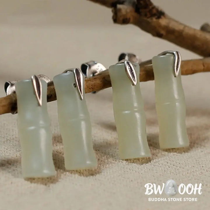 Buddha Stones Bamboo Hetian Jade 925 Sterling Silver Leaf Wealth Earrings - Earrings