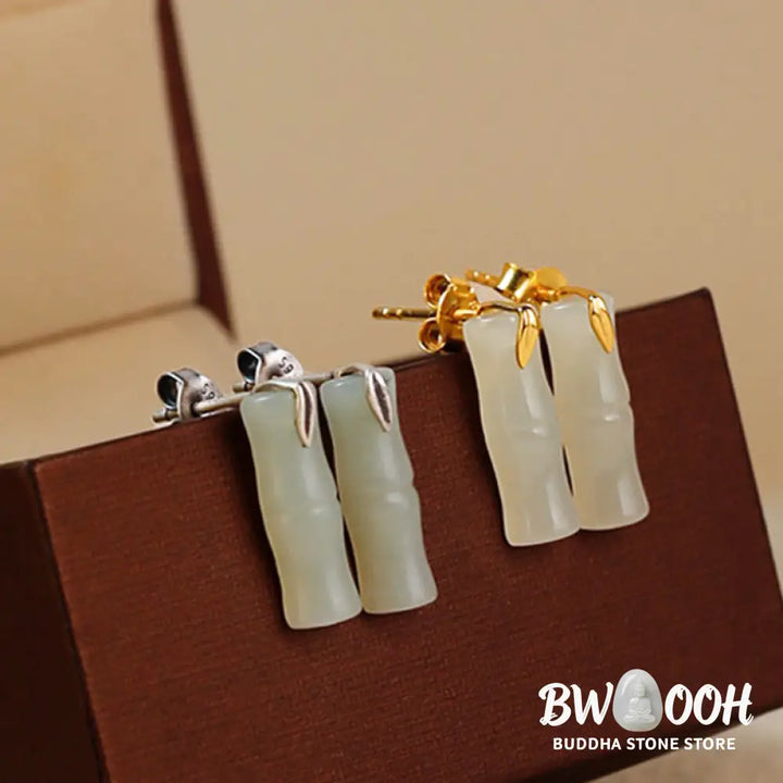 Buddha Stones Bamboo Hetian Jade 925 Sterling Silver Leaf Wealth Earrings - Earrings