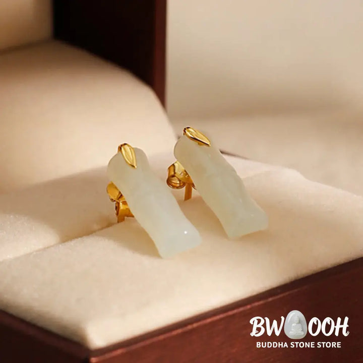 Buddha Stones Bamboo Hetian Jade 925 Sterling Silver Leaf Wealth Earrings - Earrings