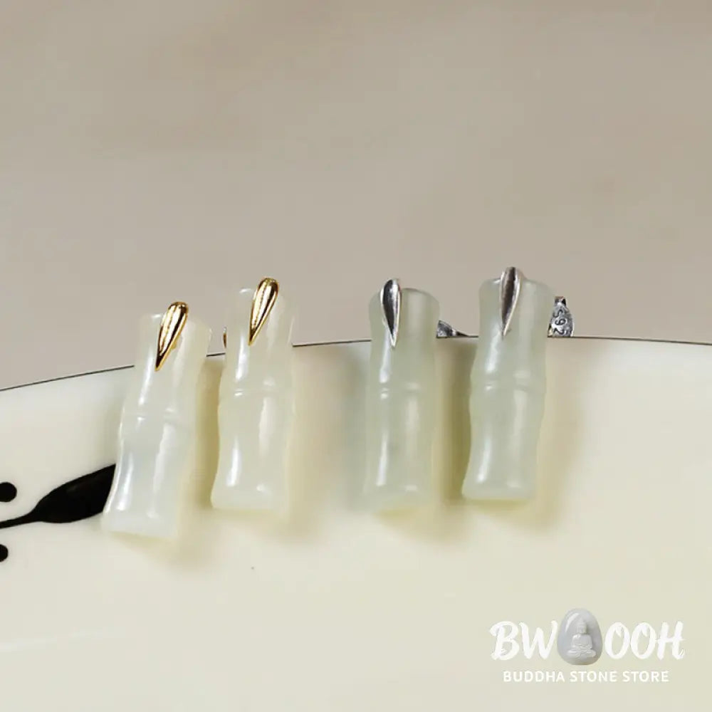 Buddha Stones Bamboo Hetian Jade 925 Sterling Silver Leaf Wealth Earrings - Earrings