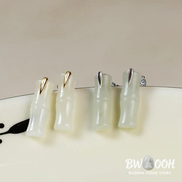Buddha Stones Bamboo Hetian Jade 925 Sterling Silver Leaf Wealth Earrings - Earrings