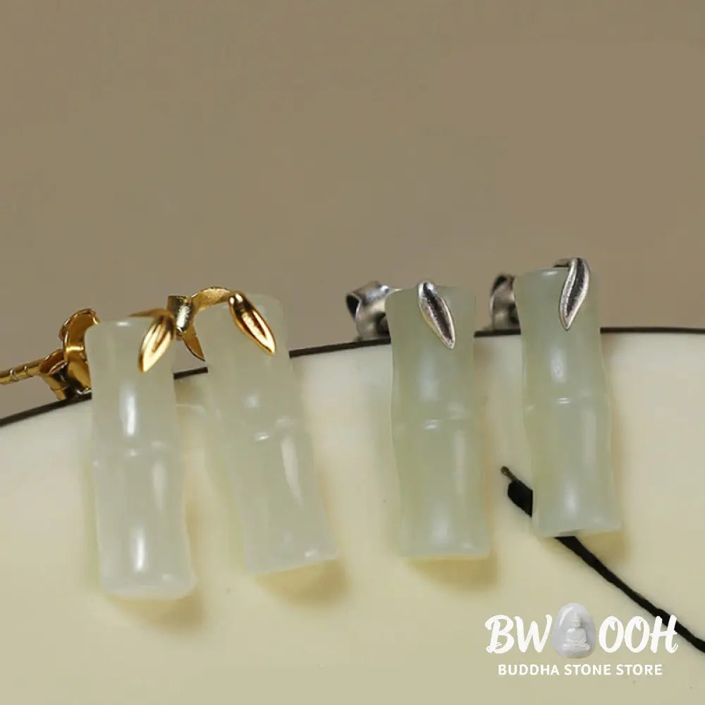 Buddha Stones Bamboo Hetian Jade 925 Sterling Silver Leaf Wealth Earrings - Earrings