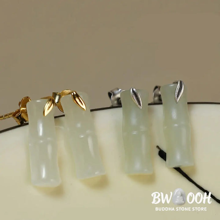 Buddha Stones Bamboo Hetian Jade 925 Sterling Silver Leaf Wealth Earrings - Earrings