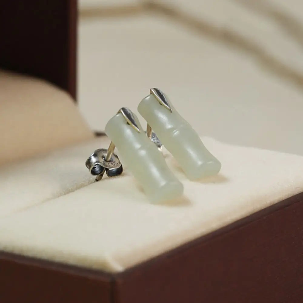 Buddha Stones Bamboo Hetian Jade 925 Sterling Silver Leaf Wealth Earrings - Hetian Jade Matte(925 Sterling Silver