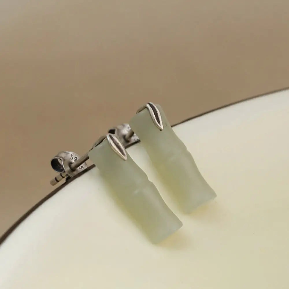 Buddha Stones Bamboo Hetian Jade 925 Sterling Silver Leaf Wealth Earrings - Hetian Jade Matte(925 Sterling Silver