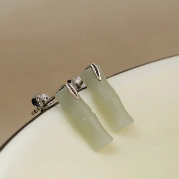 Buddha Stones Bamboo Hetian Jade 925 Sterling Silver Leaf Wealth Earrings - Hetian Jade Matte(925 Sterling Silver