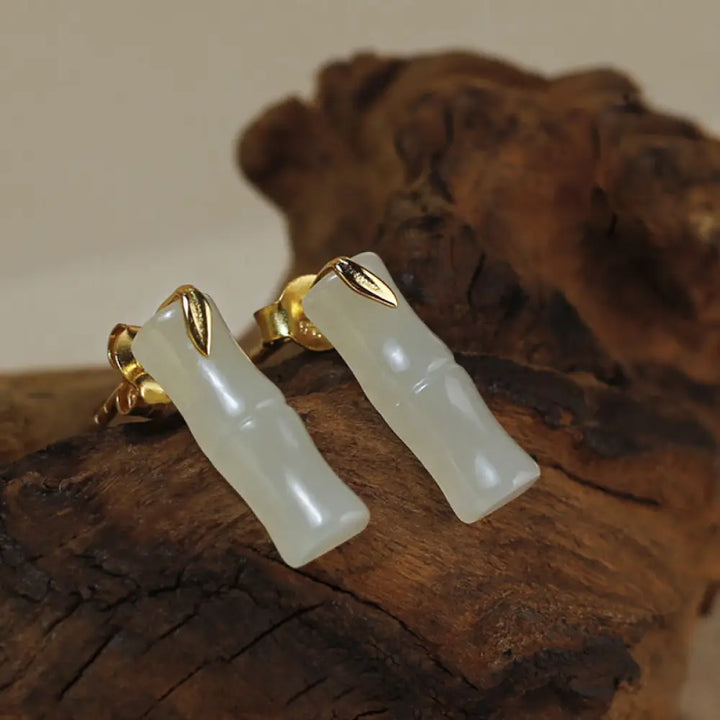 Buddha Stones Bamboo Hetian Jade 925 Sterling Silver Leaf Wealth Earrings - Hetian Jade Polished(925 Sterling Silver