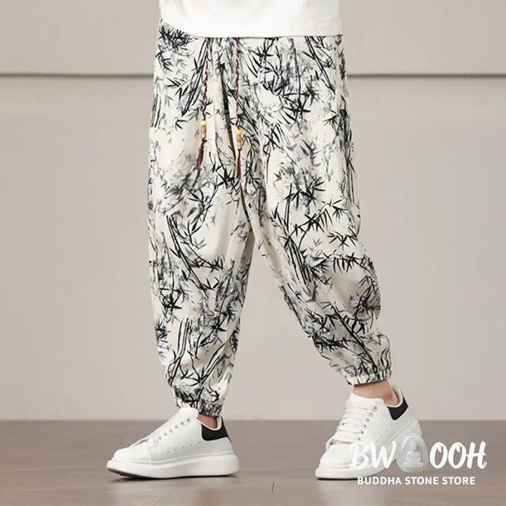 Buddha Stones Bamboo Leaf Pattern Drawstring Men’s Harem Pants With Pockets - Men’s Harem Pants
