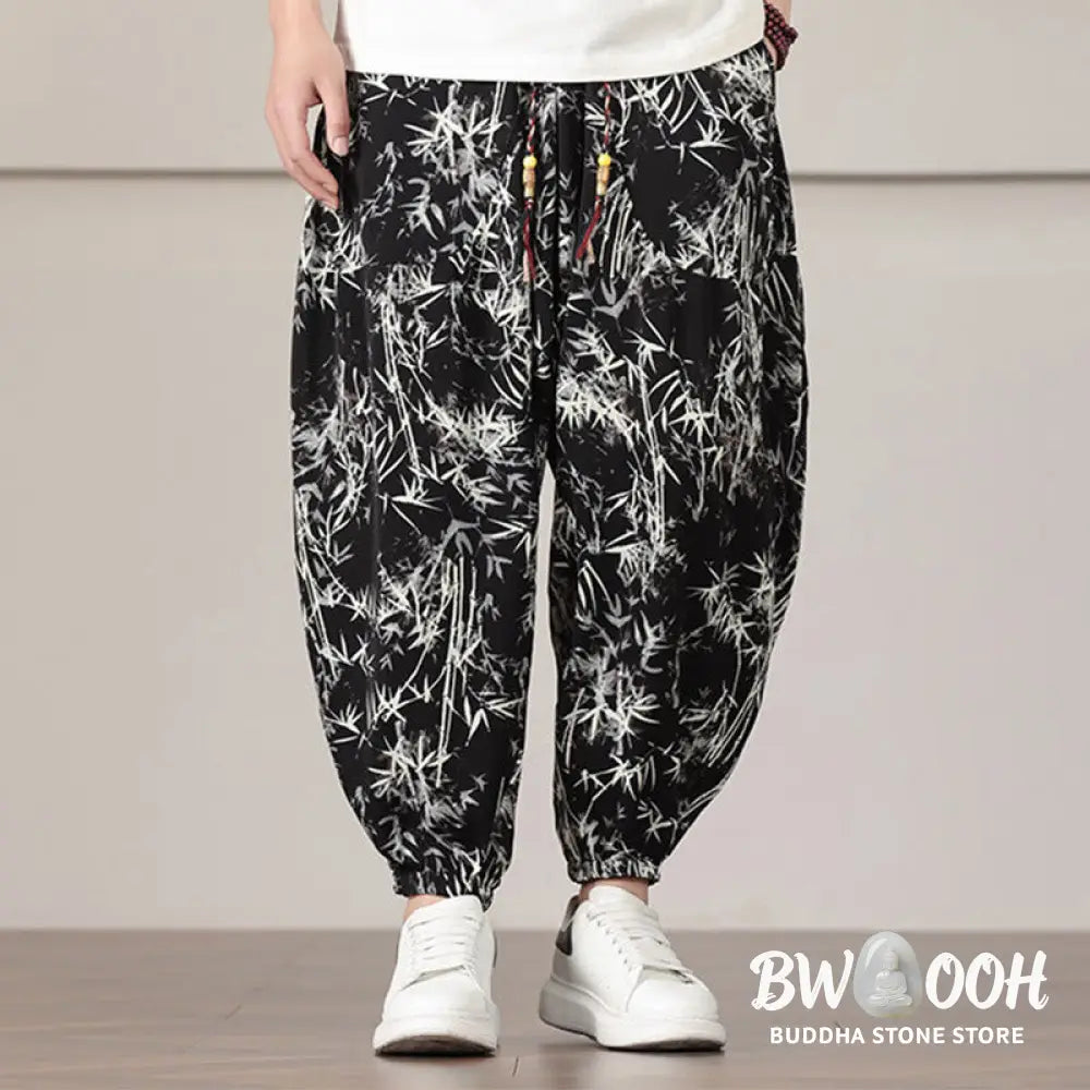 Buddha Stones Bamboo Leaf Pattern Drawstring Men’s Harem Pants With Pockets - Men’s Harem Pants