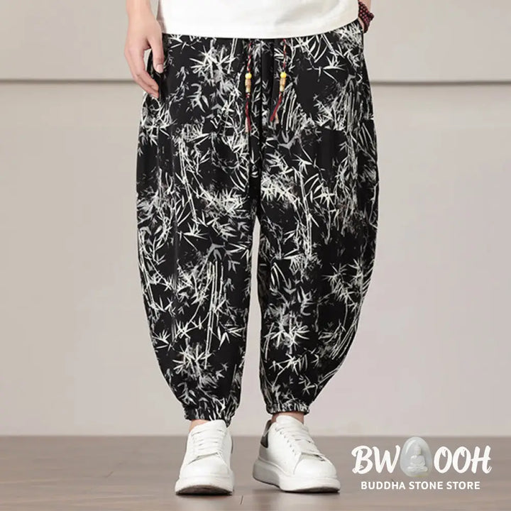 Buddha Stones Bamboo Leaf Pattern Drawstring Men’s Harem Pants With Pockets - Men’s Harem Pants