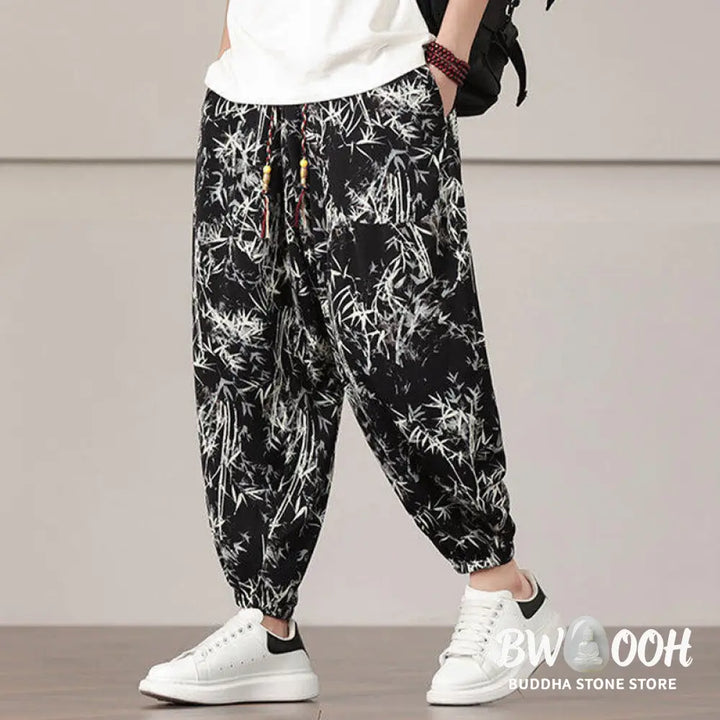 Buddha Stones Bamboo Leaf Pattern Drawstring Men’s Harem Pants With Pockets - Men’s Harem Pants