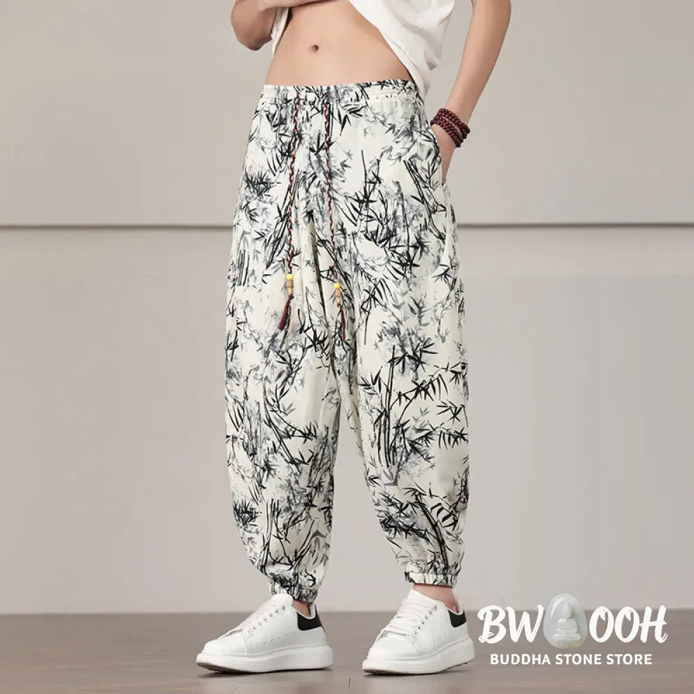Buddha Stones Bamboo Leaf Pattern Drawstring Men’s Harem Pants With Pockets - Men’s Harem Pants