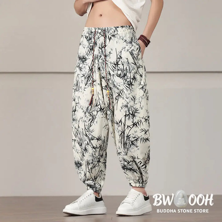 Buddha Stones Bamboo Leaf Pattern Drawstring Men’s Harem Pants With Pockets - Men’s Harem Pants