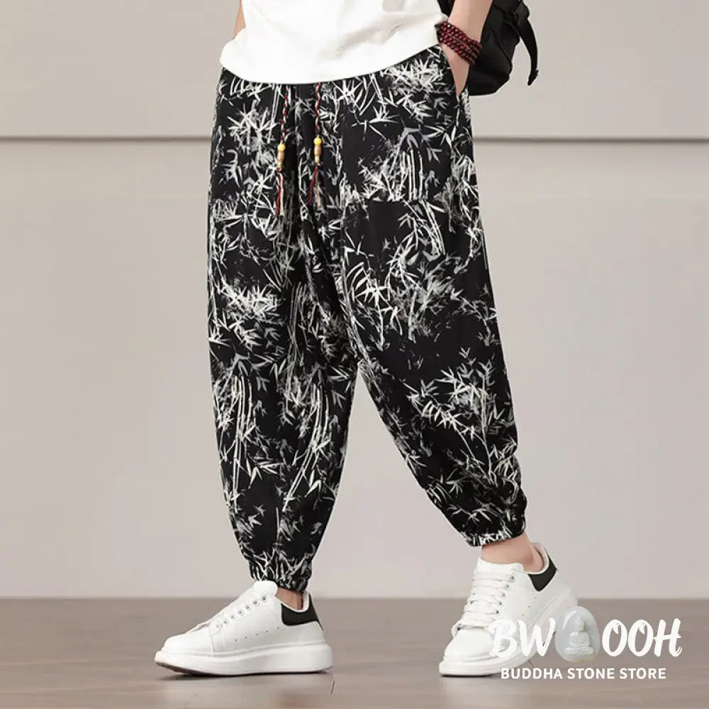 Buddha Stones Bamboo Leaf Pattern Drawstring Men’s Harem Pants With Pockets - Men’s Harem Pants