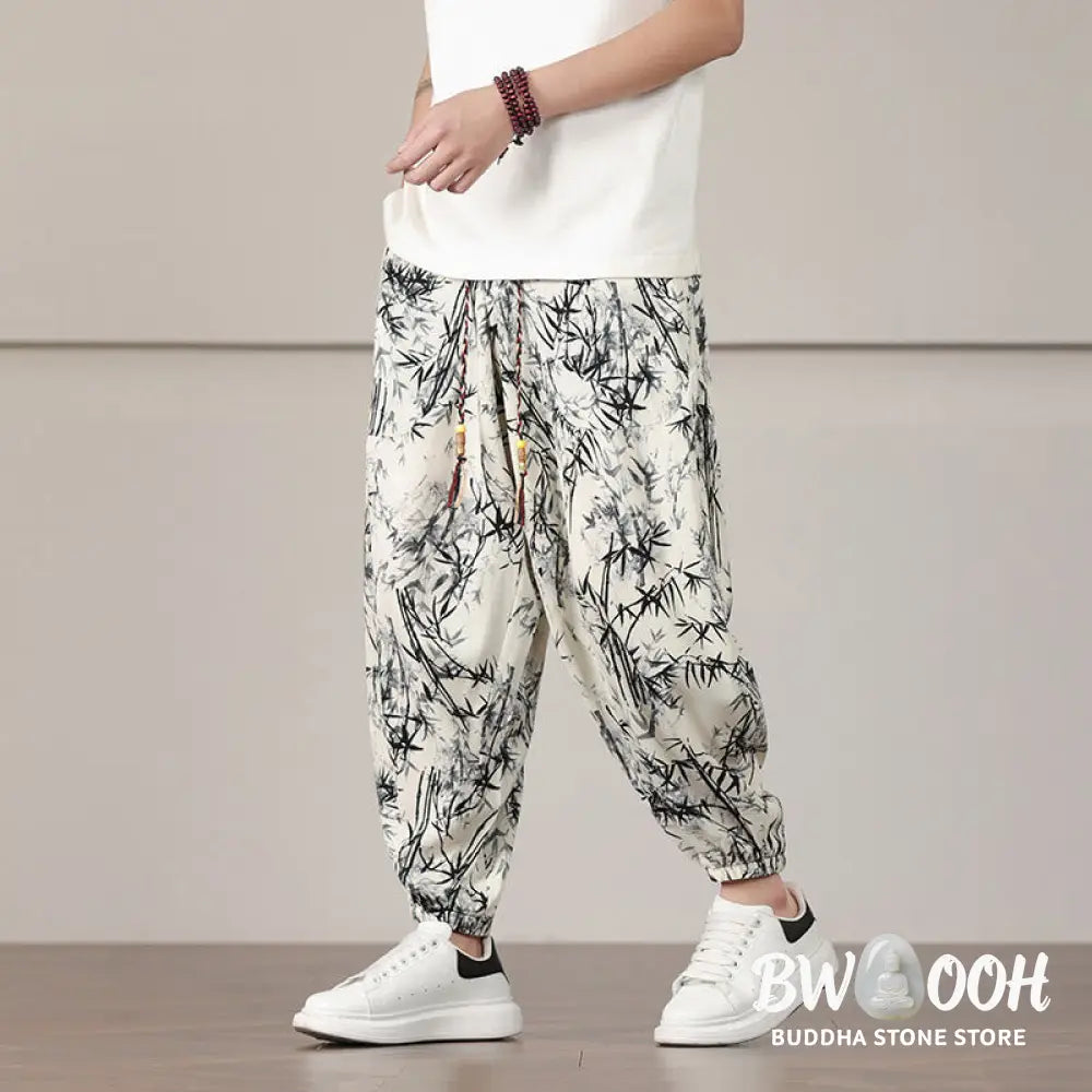 Buddha Stones Bamboo Leaf Pattern Drawstring Men’s Harem Pants With Pockets - Men’s Harem Pants