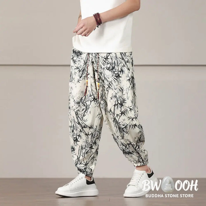 Buddha Stones Bamboo Leaf Pattern Drawstring Men’s Harem Pants With Pockets - Men’s Harem Pants