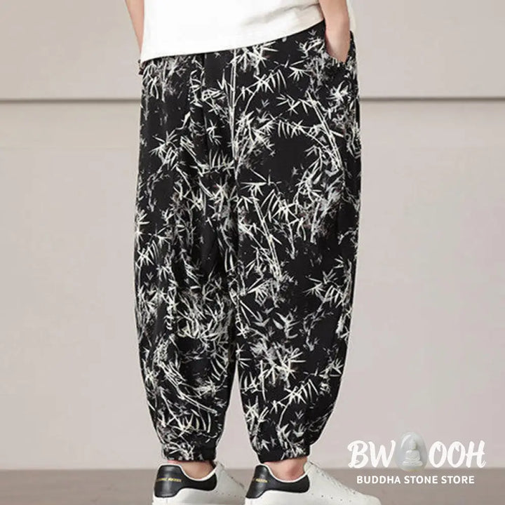 Buddha Stones Bamboo Leaf Pattern Drawstring Men’s Harem Pants With Pockets - Men’s Harem Pants