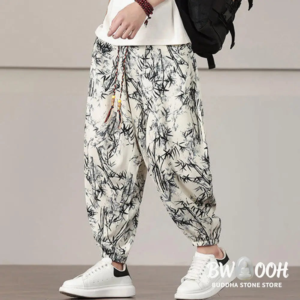 Buddha Stones Bamboo Leaf Pattern Drawstring Men’s Harem Pants With Pockets - Men’s Harem Pants