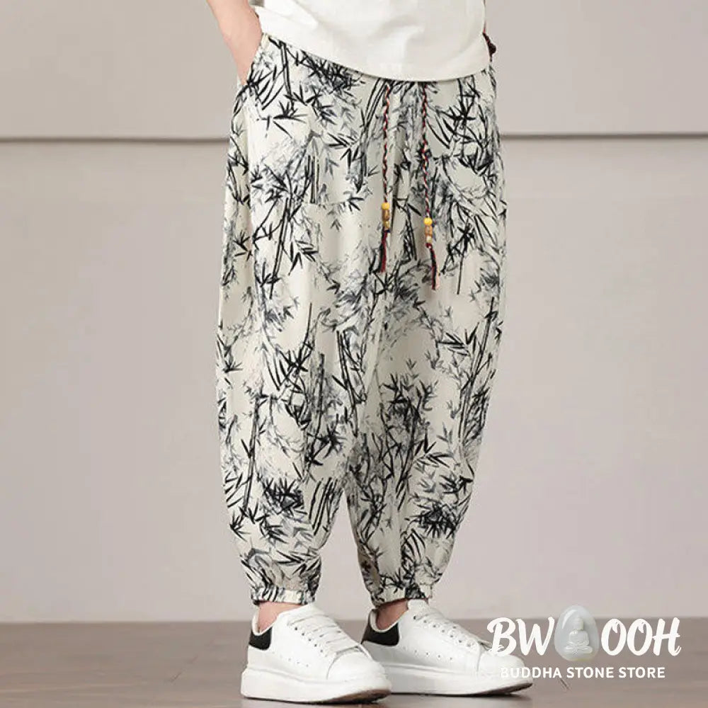 Buddha Stones Bamboo Leaf Pattern Drawstring Men’s Harem Pants With Pockets - Men’s Harem Pants