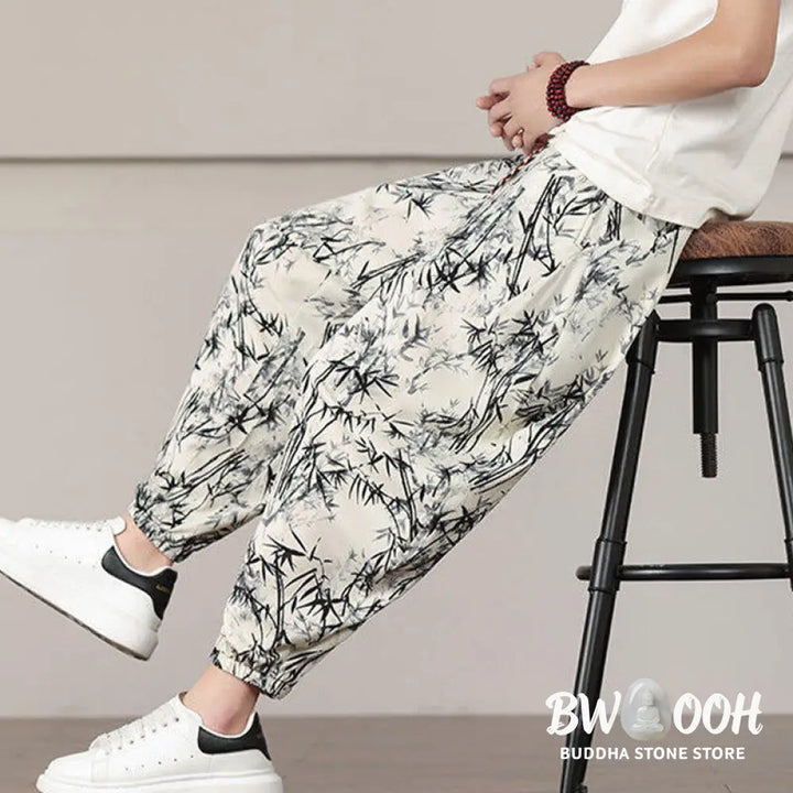 Buddha Stones Bamboo Leaf Pattern Drawstring Men’s Harem Pants With Pockets - Men’s Harem Pants