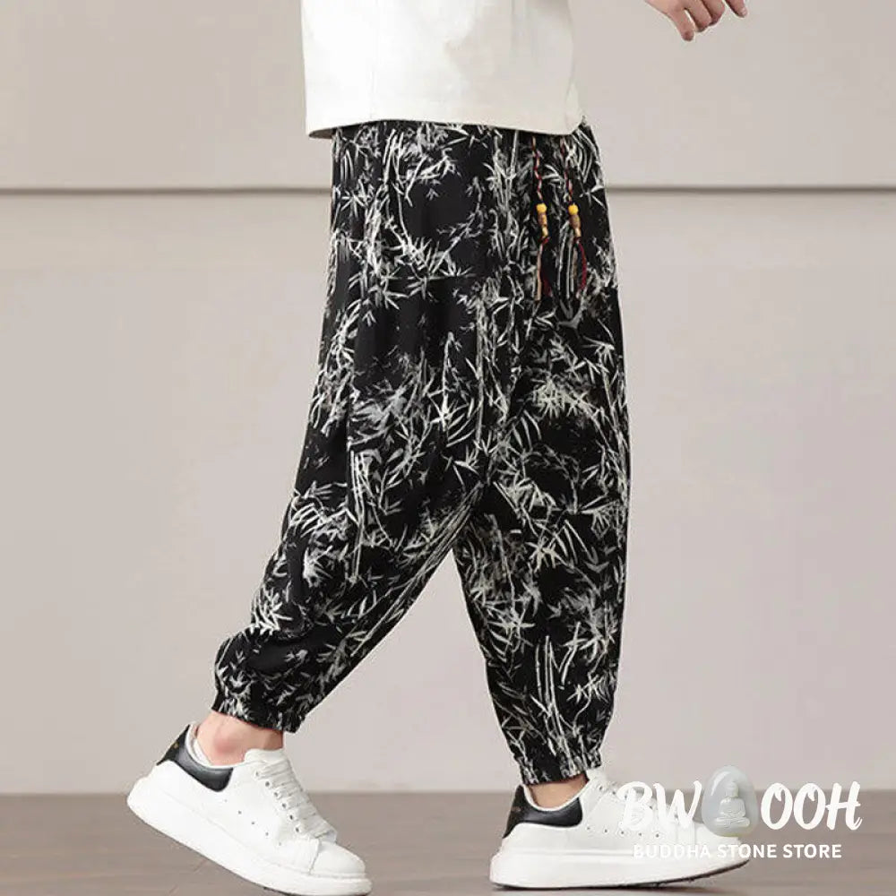Buddha Stones Bamboo Leaf Pattern Drawstring Men’s Harem Pants With Pockets - Men’s Harem Pants