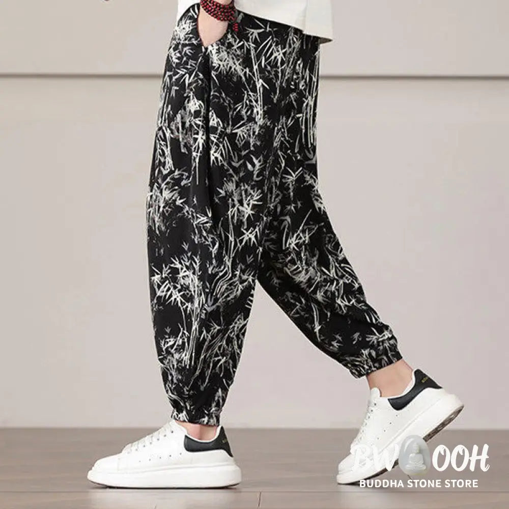 Buddha Stones Bamboo Leaf Pattern Drawstring Men’s Harem Pants With Pockets - Men’s Harem Pants