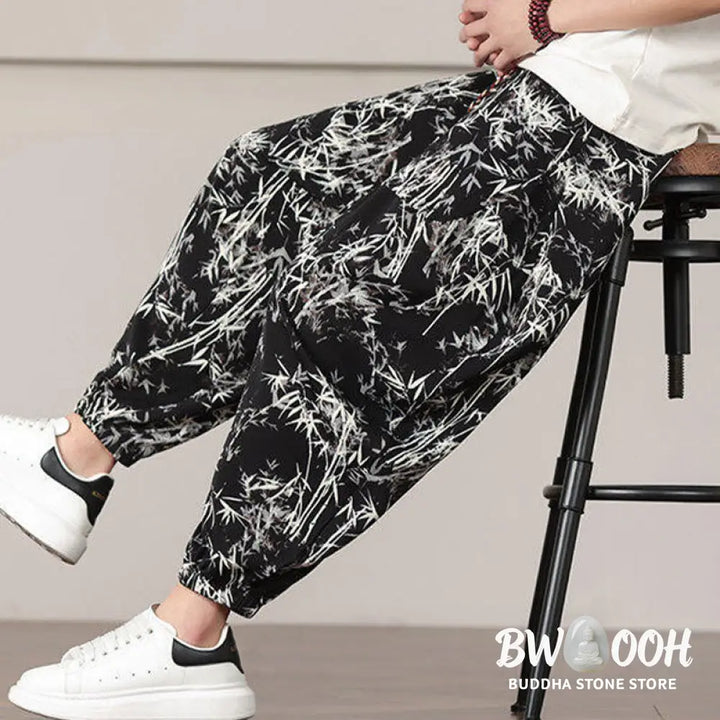 Buddha Stones Bamboo Leaf Pattern Drawstring Men’s Harem Pants With Pockets - Men’s Harem Pants