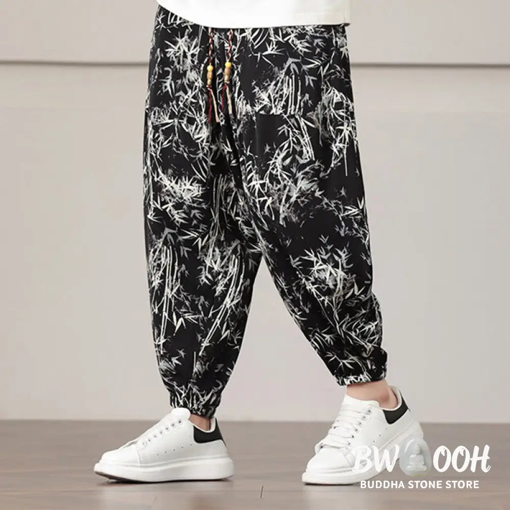 Buddha Stones Bamboo Leaf Pattern Drawstring Men’s Harem Pants With Pockets - Men’s Harem Pants