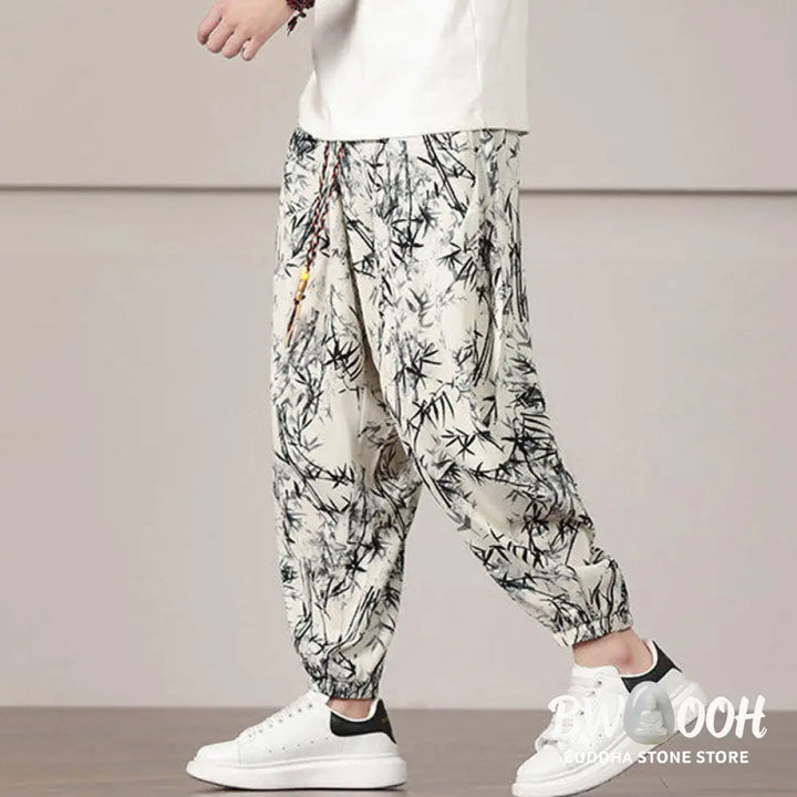 Buddha Stones Bamboo Leaf Pattern Drawstring Men’s Harem Pants With Pockets - Men’s Harem Pants