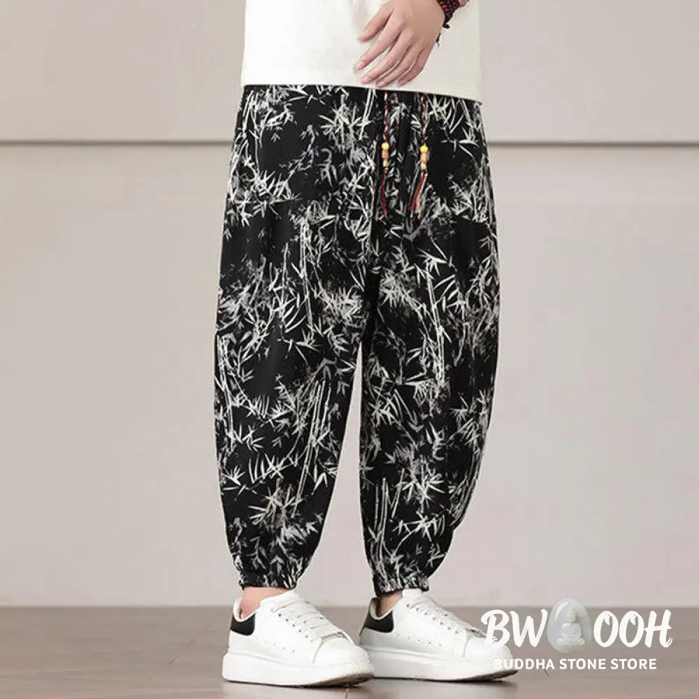 Buddha Stones Bamboo Leaf Pattern Drawstring Men’s Harem Pants With Pockets - Men’s Harem Pants