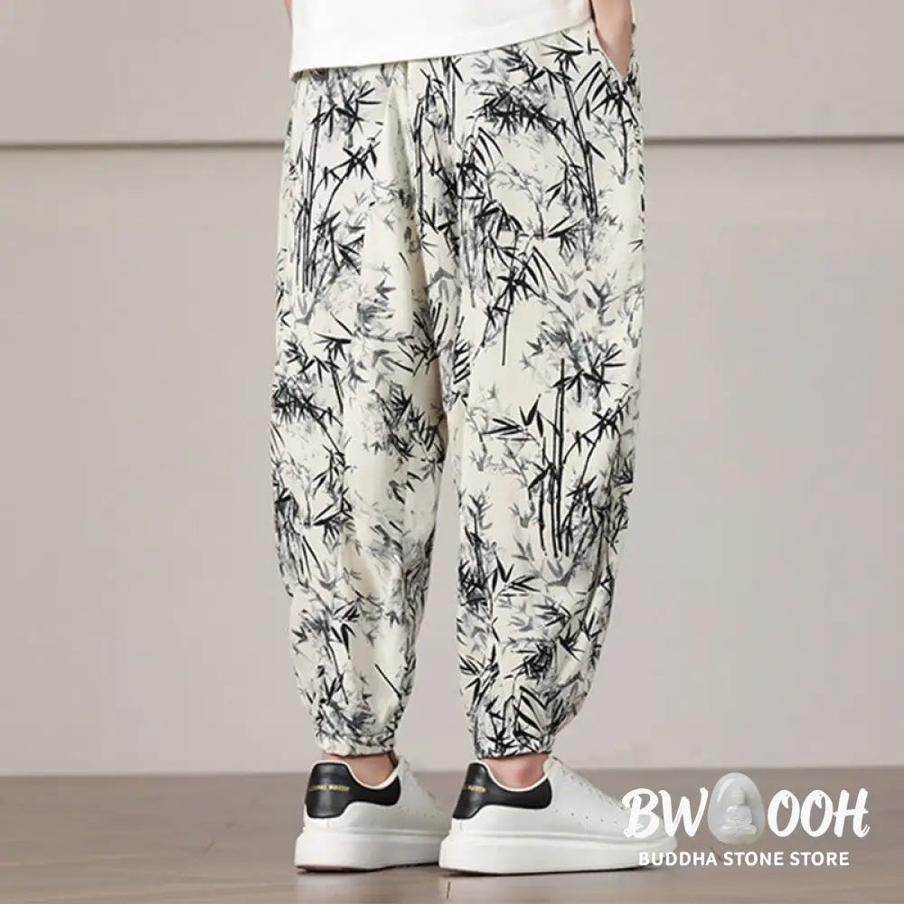 Buddha Stones Bamboo Leaf Pattern Drawstring Men’s Harem Pants With Pockets - Men’s Harem Pants