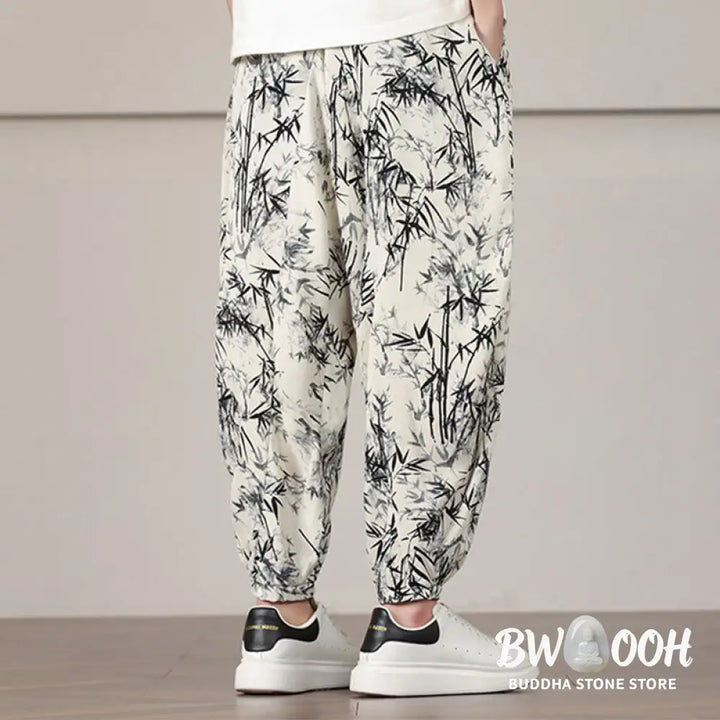 Buddha Stones Bamboo Leaf Pattern Drawstring Men’s Harem Pants With Pockets - Men’s Harem Pants