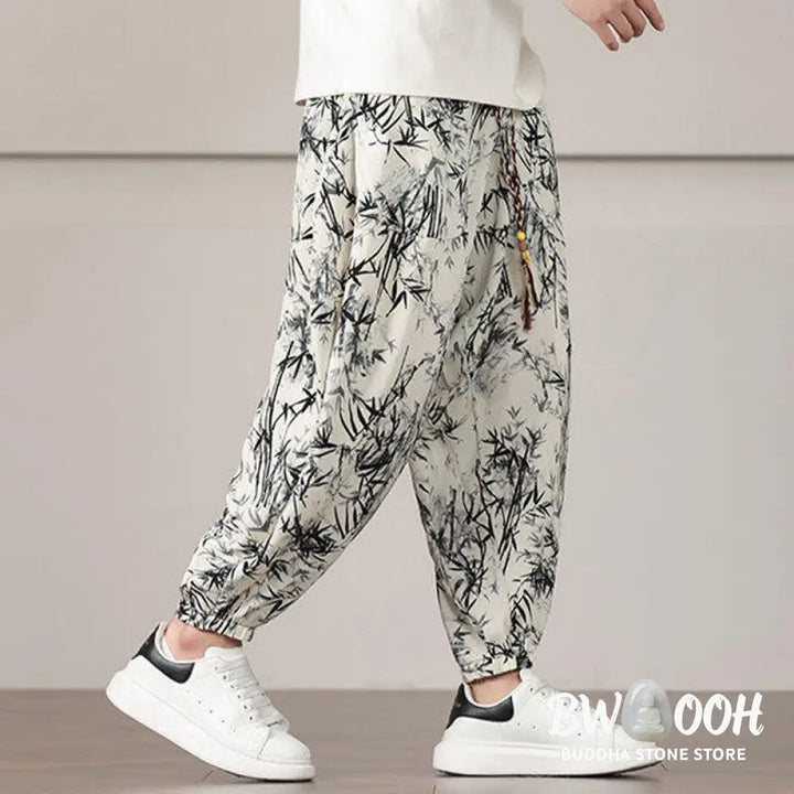 Buddha Stones Bamboo Leaf Pattern Drawstring Men’s Harem Pants With Pockets - Men’s Harem Pants