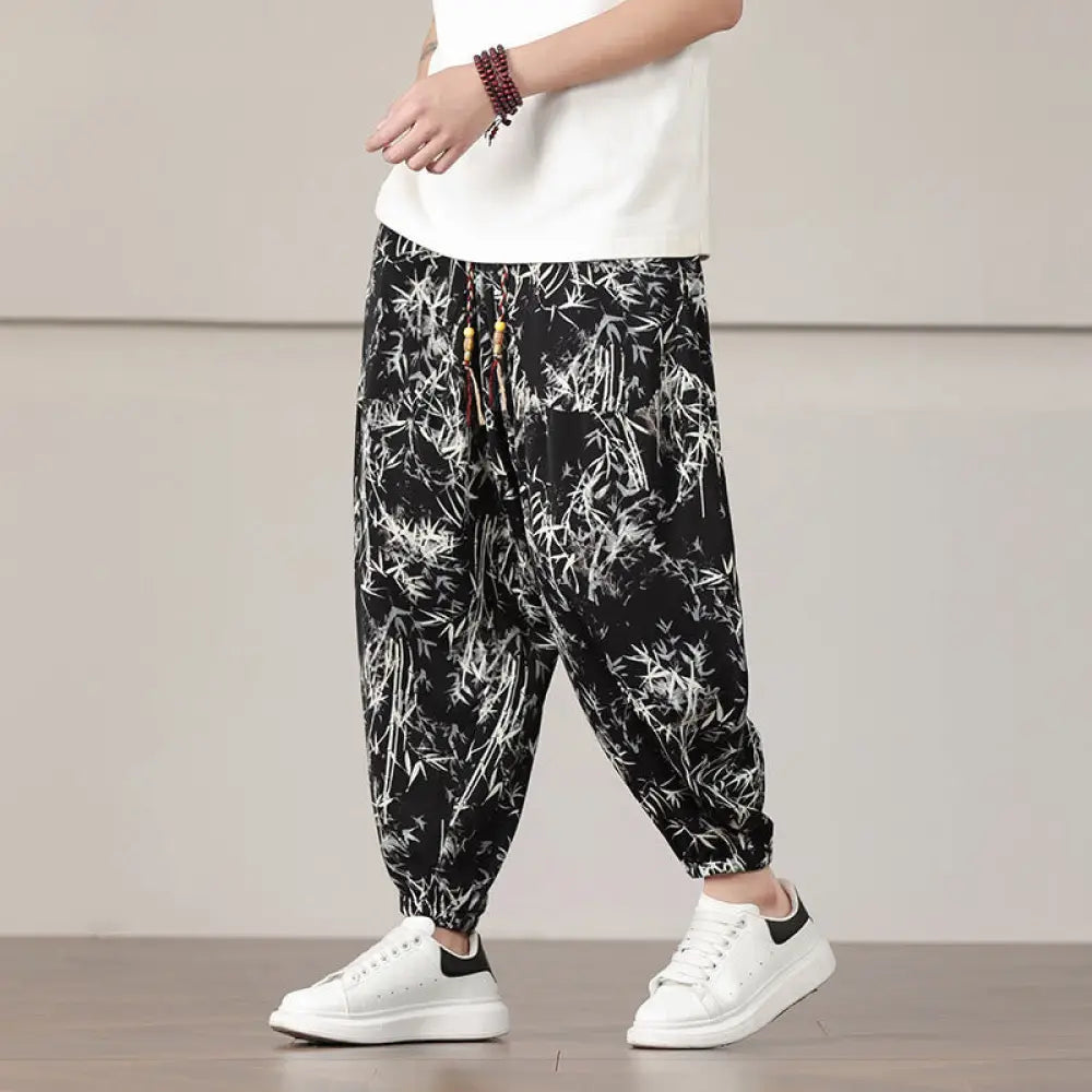 Buddha Stones Bamboo Leaf Pattern Drawstring Men’s Harem Pants With Pockets - Black / US/UK/AU36，EU46 (L) - Men’s Harem