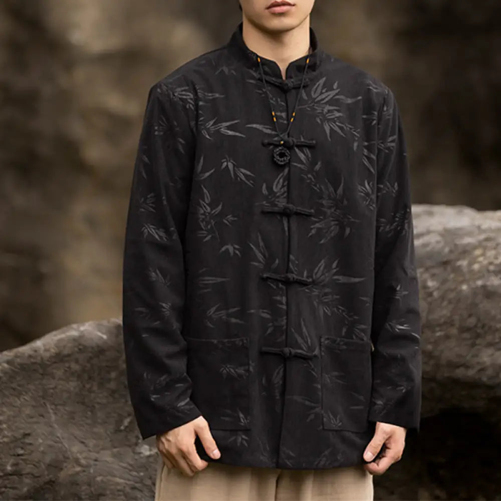 Buddha Stones Bamboo Leaves Clothing Chinese Tang Suit Jacket Coat Men Clothing - Black(Top Only) / US/UK/AU34，EU44 (M)