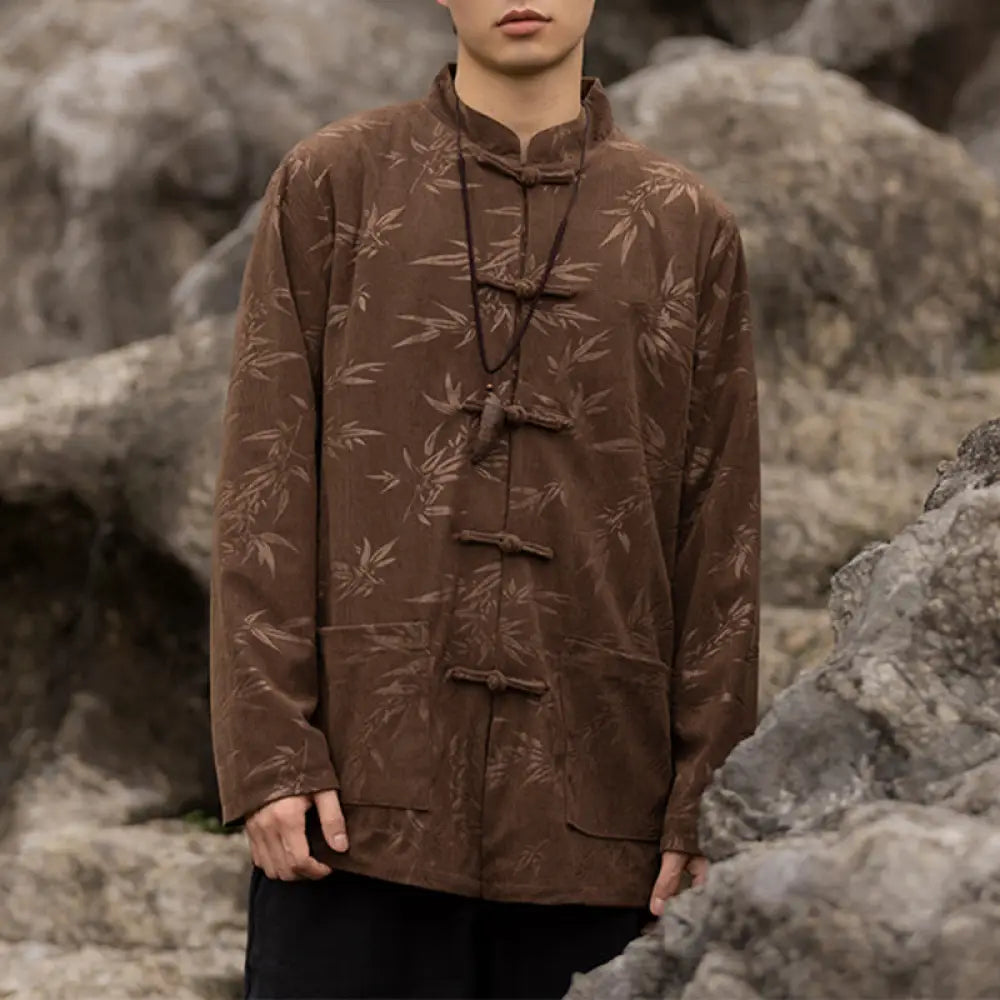 Buddha Stones Bamboo Leaves Clothing Chinese Tang Suit Jacket Coat Men Clothing - Brown(Top Only) / US/UK/AU34，EU44 (M)
