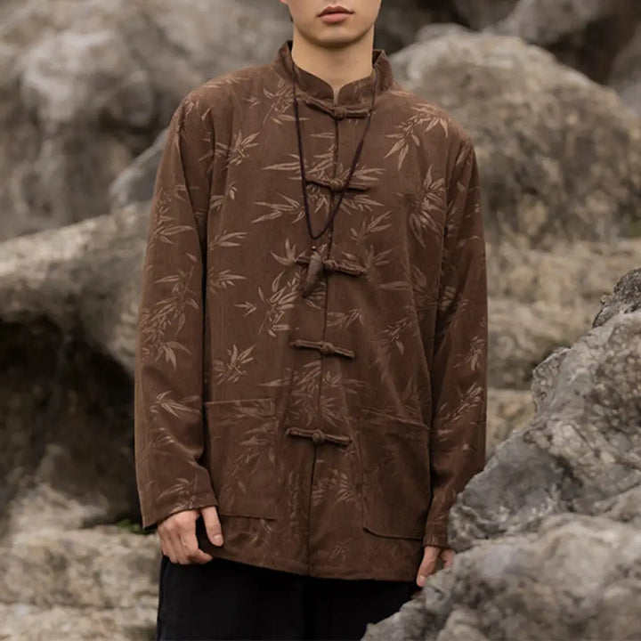 Buddha Stones Bamboo Leaves Clothing Chinese Tang Suit Jacket Coat Men Clothing - Brown(Top Only) / US/UK/AU34，EU44 (M)
