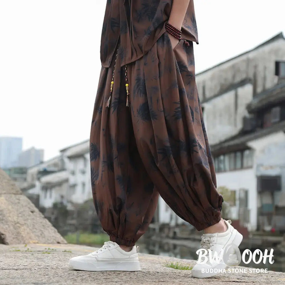 Buddha Stones Bamboo Leaves Pattern Loose Men’s Harem Pants With Pockets - Men’s Harem Pants