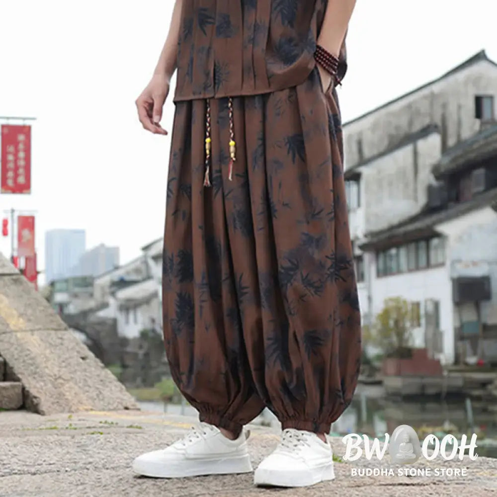 Buddha Stones Bamboo Leaves Pattern Loose Men’s Harem Pants With Pockets - Men’s Harem Pants