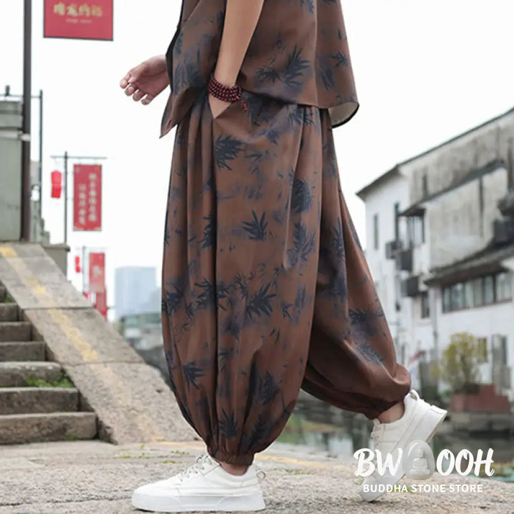 Buddha Stones Bamboo Leaves Pattern Loose Men’s Harem Pants With Pockets - Men’s Harem Pants