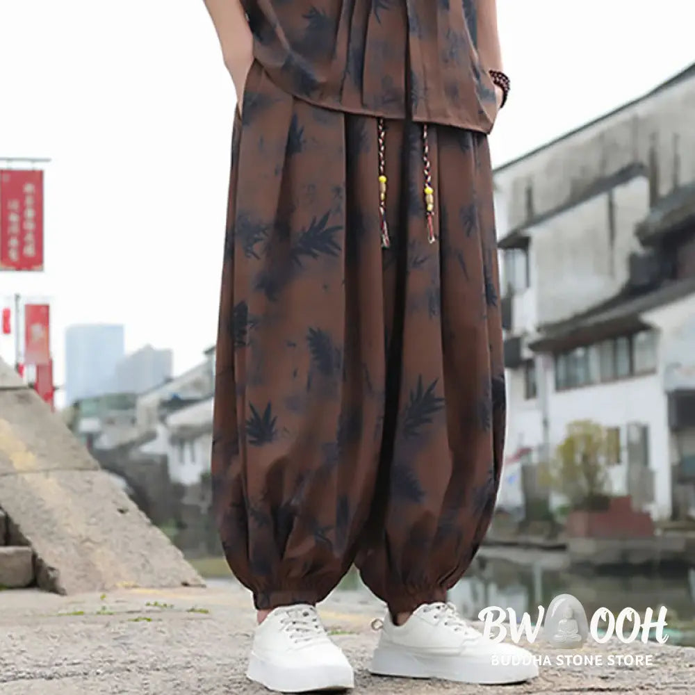 Buddha Stones Bamboo Leaves Pattern Loose Men’s Harem Pants With Pockets - Men’s Harem Pants