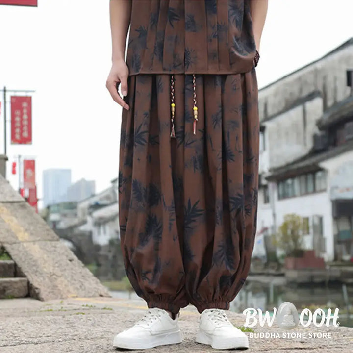 Buddha Stones Bamboo Leaves Pattern Loose Men’s Harem Pants With Pockets - Men’s Harem Pants